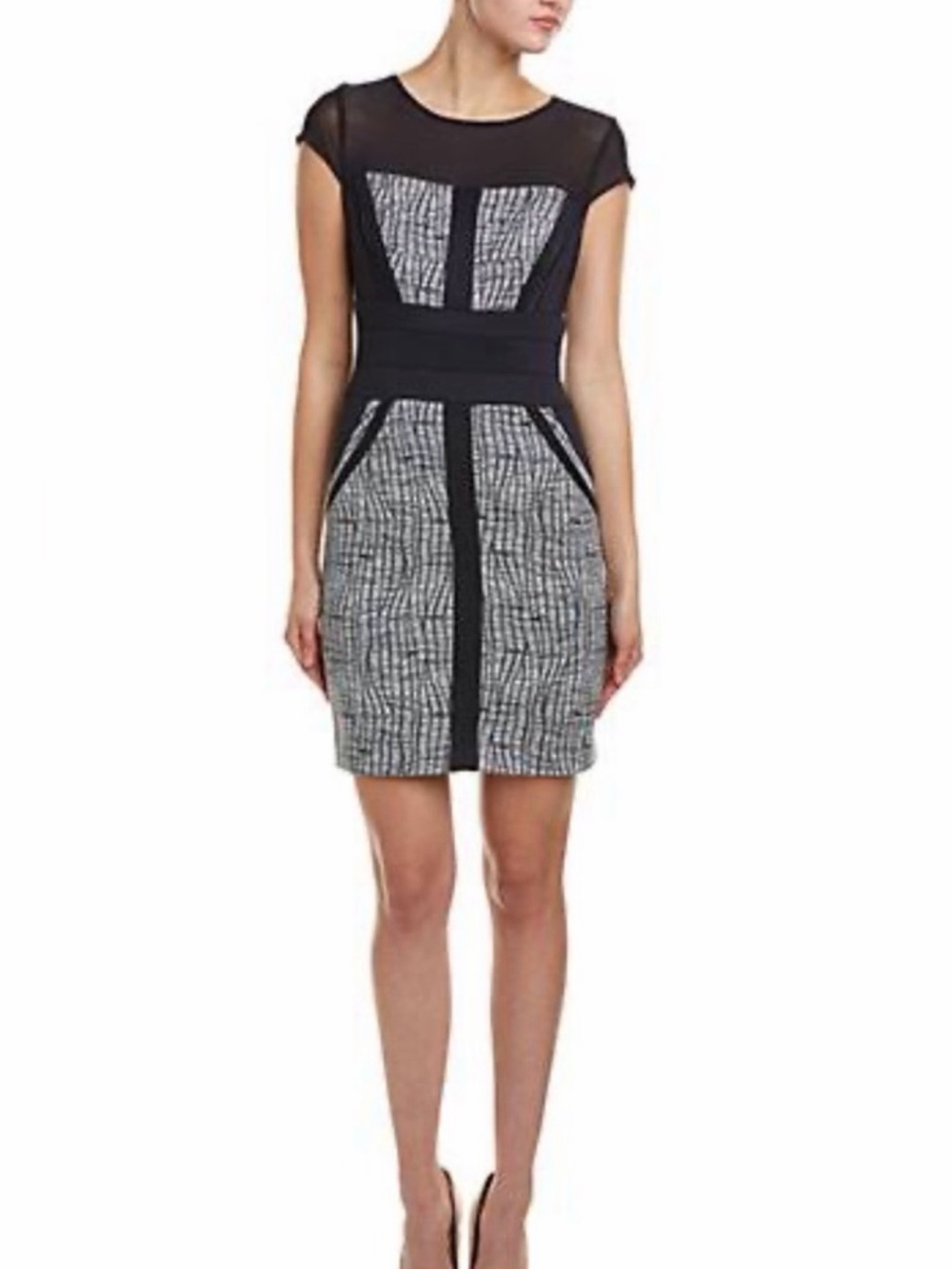 Cache Blue and White Sheath Dress with Crew Neck Sz 0